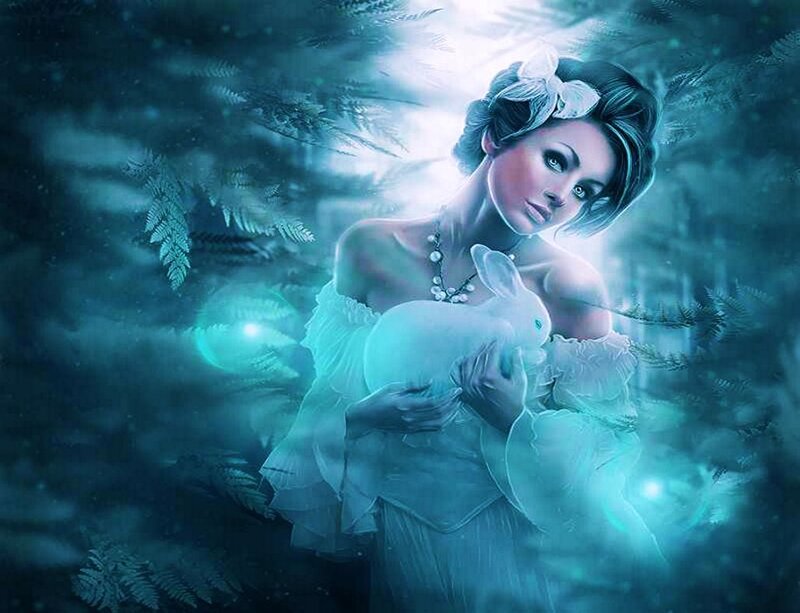 Woman Holding Rabbit — Blue, Mystical