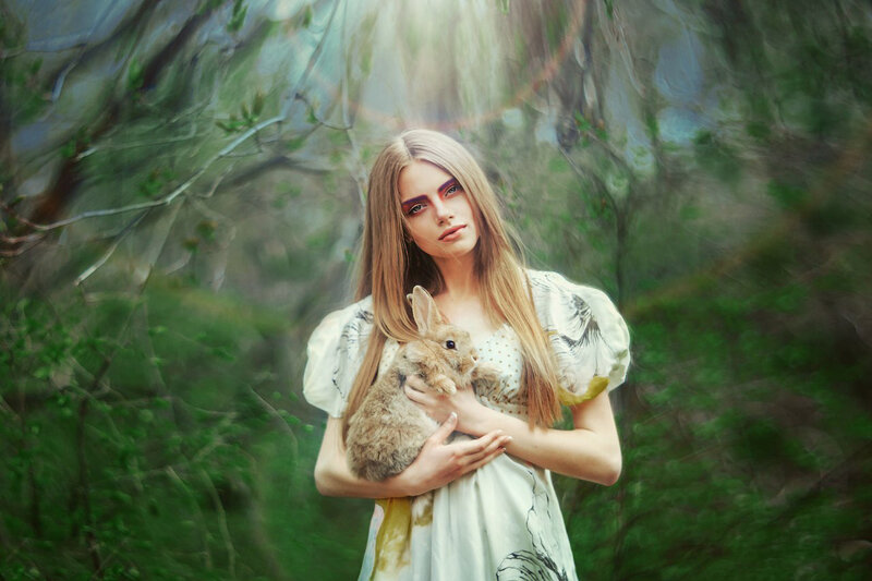 Woman Holding Rabbit — Green, Serene