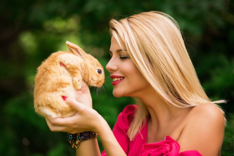 Woman Holding Rabbit — Pink, Serene
