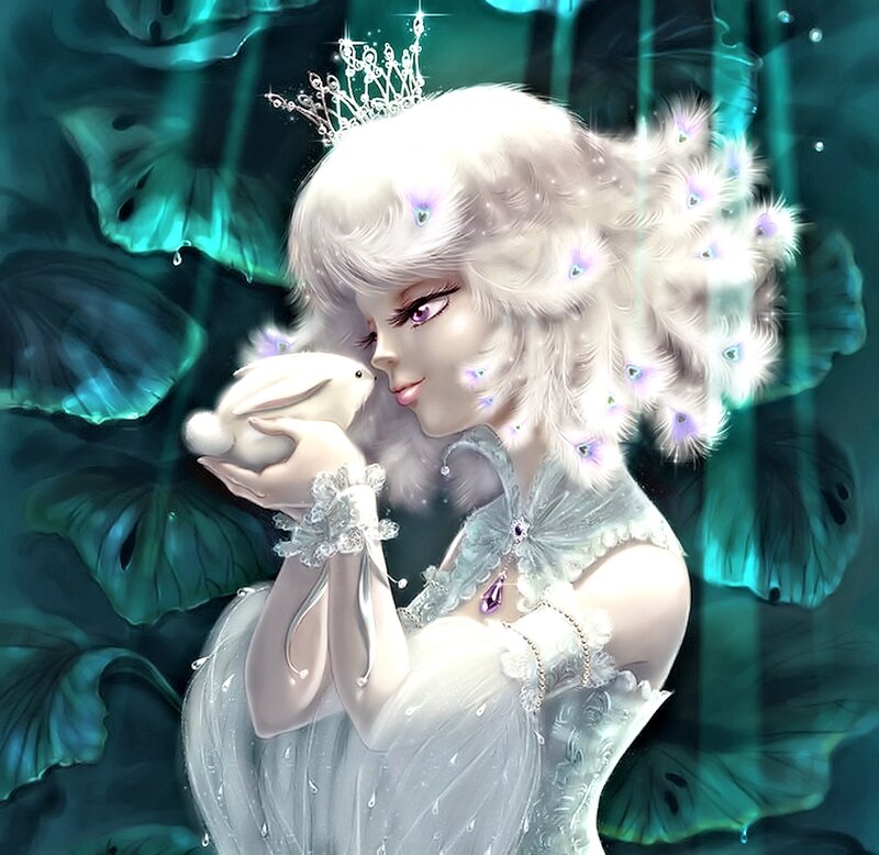 Woman Holding Rabbit — White, Serene, Digital Art