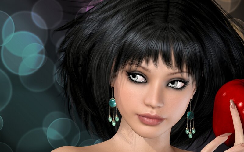 Woman Holding Red Apple — Black, Dramatic, Digital Art, Earrings