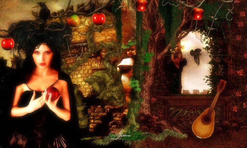 Woman Holding Red Apple — Black, Dramatic, Digital Art