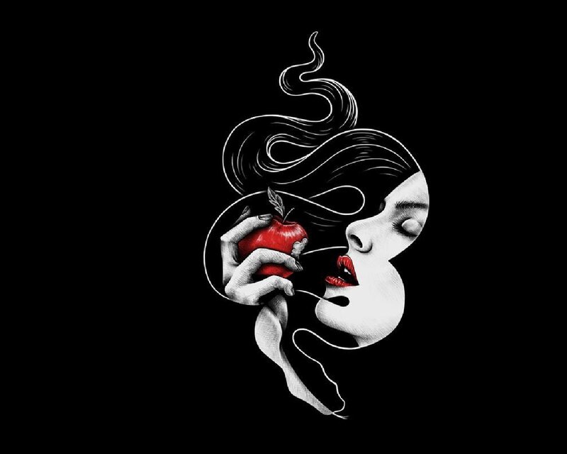 Woman Holding Red Apple — Black, Dramatic, Illustration