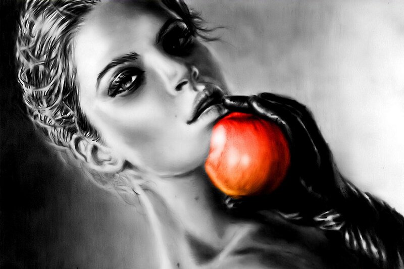 Woman Holding Red Apple — Black, Dramatic, Painting