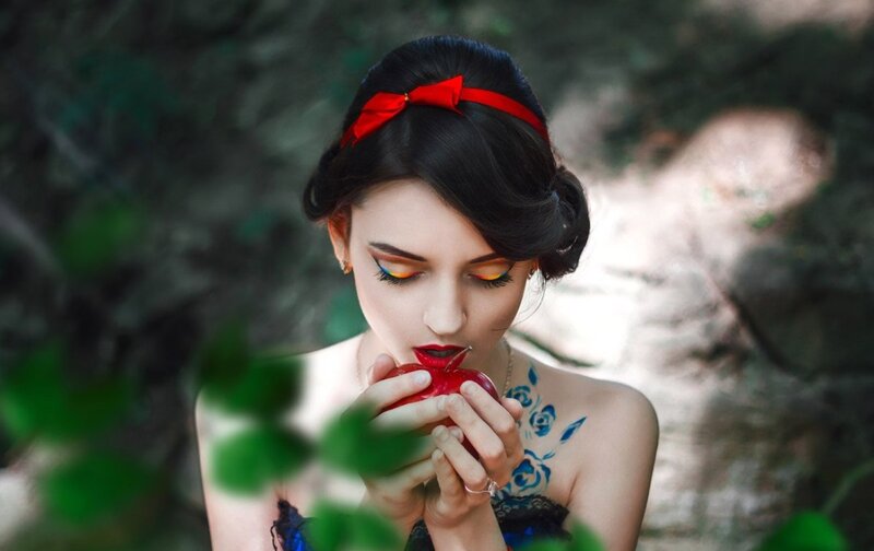 Woman Holding Red Apple — Black, Dramatic, Photograph, Red Bow