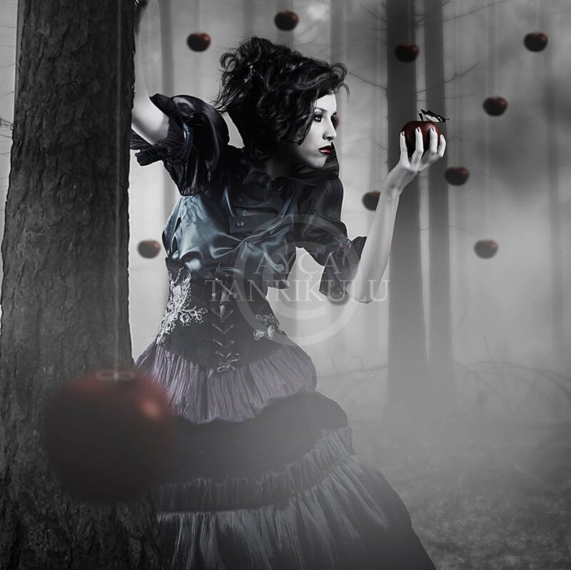 Woman Holding Red Apple — Black, Dramatic, Photograph