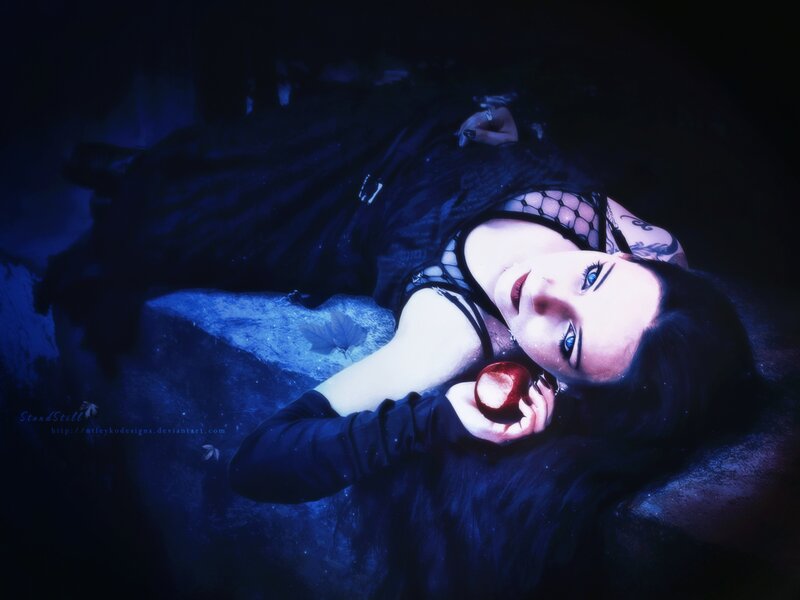 Woman Holding Red Apple — Blue, Dramatic, Night