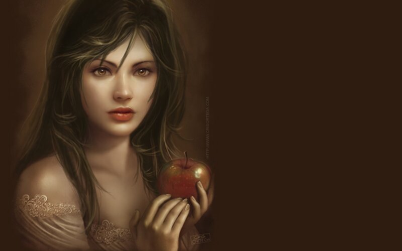 Woman Holding Red Apple — Brown, Dramatic, Digital Art