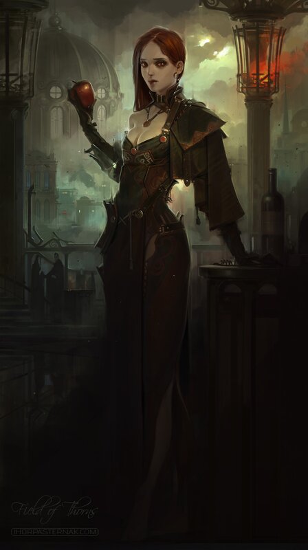 Woman Holding Red Apple — Brown, Dramatic, Night, Digital Art