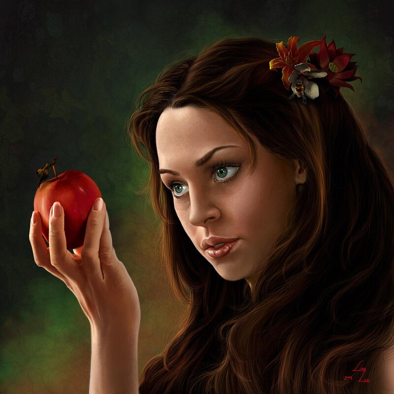 Woman Holding Red Apple — Brown, Dramatic