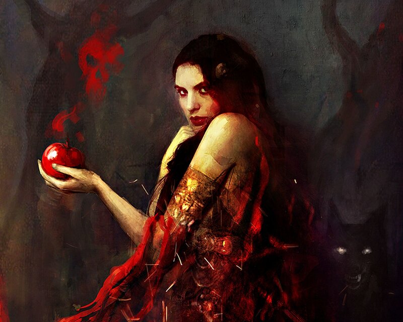 Woman Holding Red Apple — Dramatic, Night, Digital Art