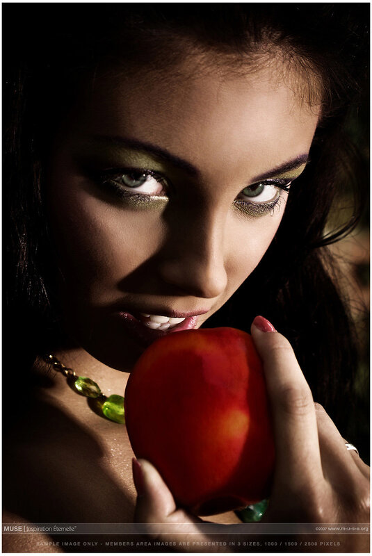 Woman Holding Red Apple — Dramatic, Photograph, Necklace