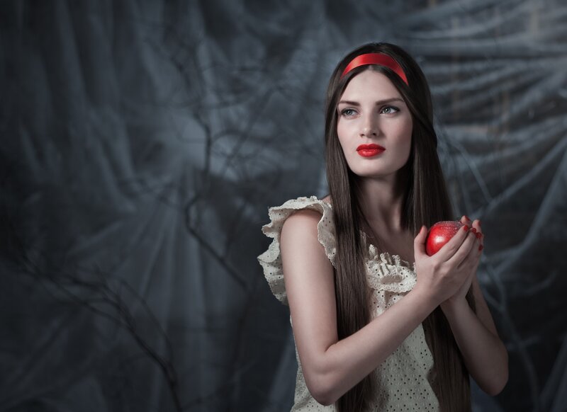 Woman Holding Red Apple — Dramatic, Photograph, Red Apple