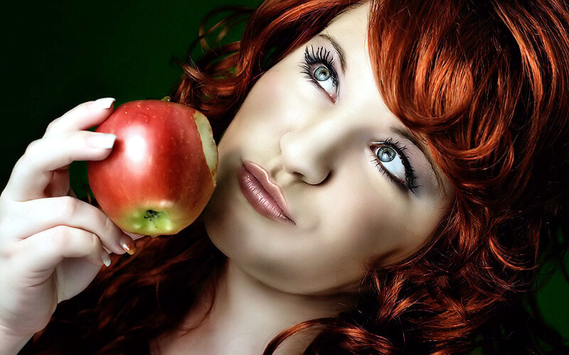 Woman Holding Red Apple — Dramatic, Photograph, Red Hair