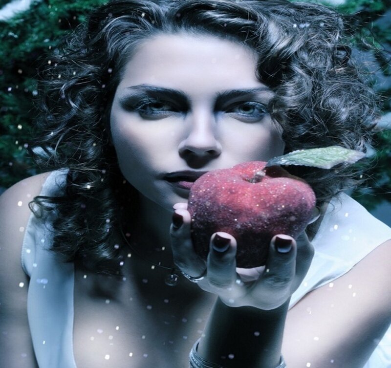 Woman Holding Red Apple — Dramatic, Photograph