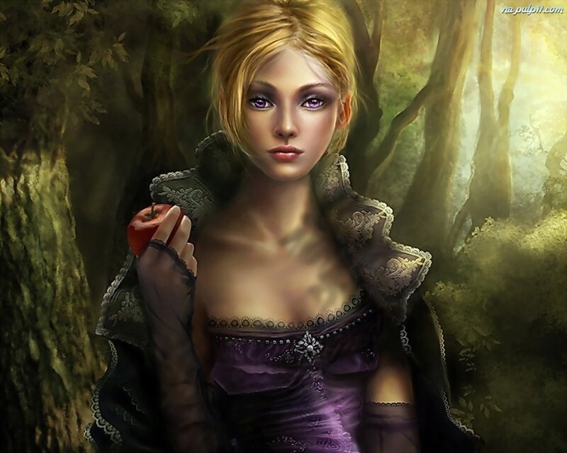 Woman Holding Red Apple — Purple, Dramatic, Afternoon