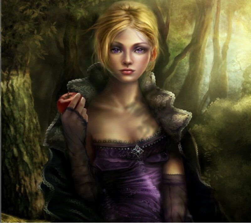 Woman Holding Red Apple — Purple, Dramatic