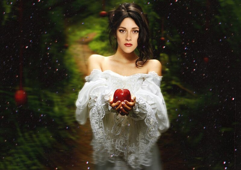 Woman Holding Red Apple — White, Dramatic, Night
