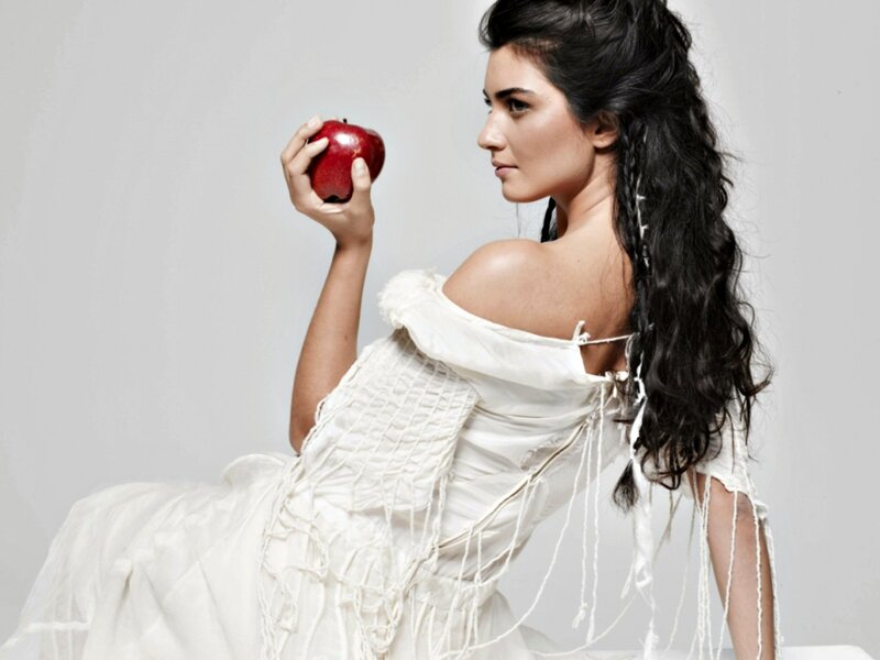 Woman Holding Red Apple — White, Dramatic, Photograph