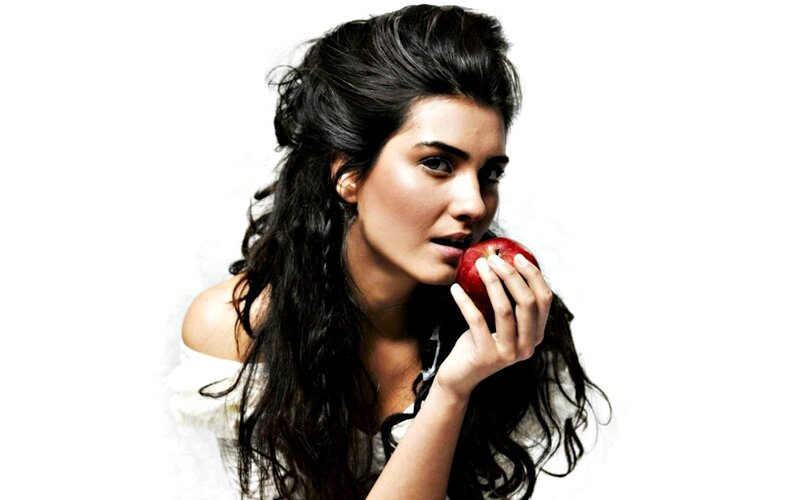 Woman Holding Red Apple — White, Dramatic, Photograph, White Background