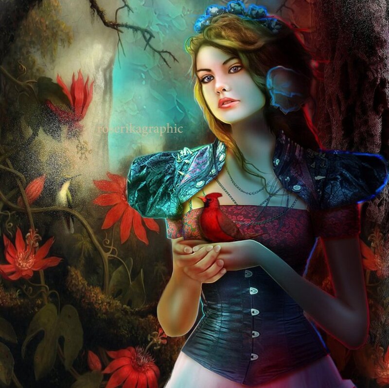 Woman Holding Red Bird — Fantasy