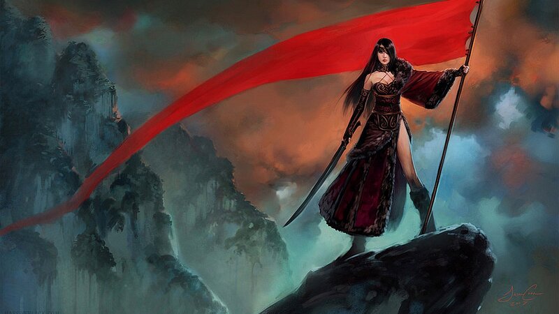 Woman Holding Red Flag