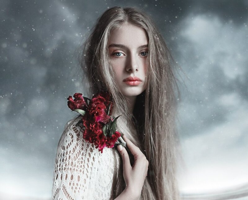 Woman Holding Red Flowers — White