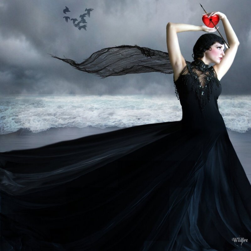 Woman Holding Red Heart — Black, Dramatic, Digital Art