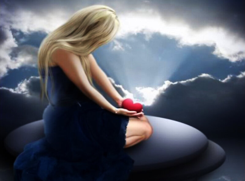 Woman Holding Red Heart — Blue, Dramatic