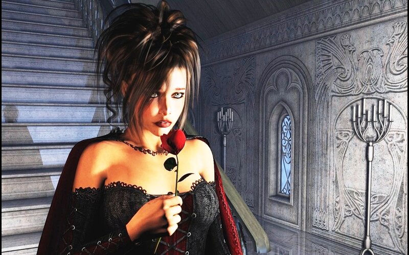 Woman Holding Red Rose — Black, Dramatic, 3d Render