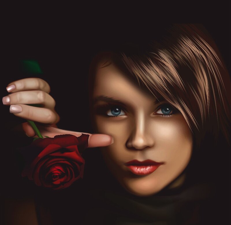 Woman Holding Red Rose — Black, Dramatic, Digital Art, Hand