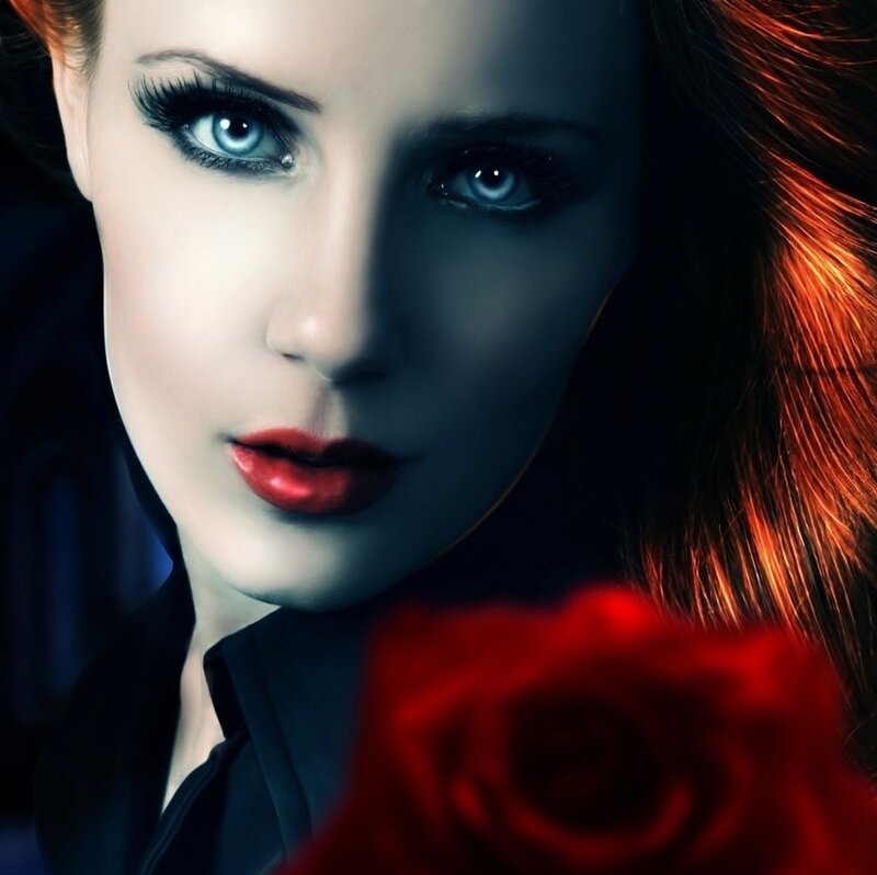 Woman Holding Red Rose — Black, Dramatic, Digital Art