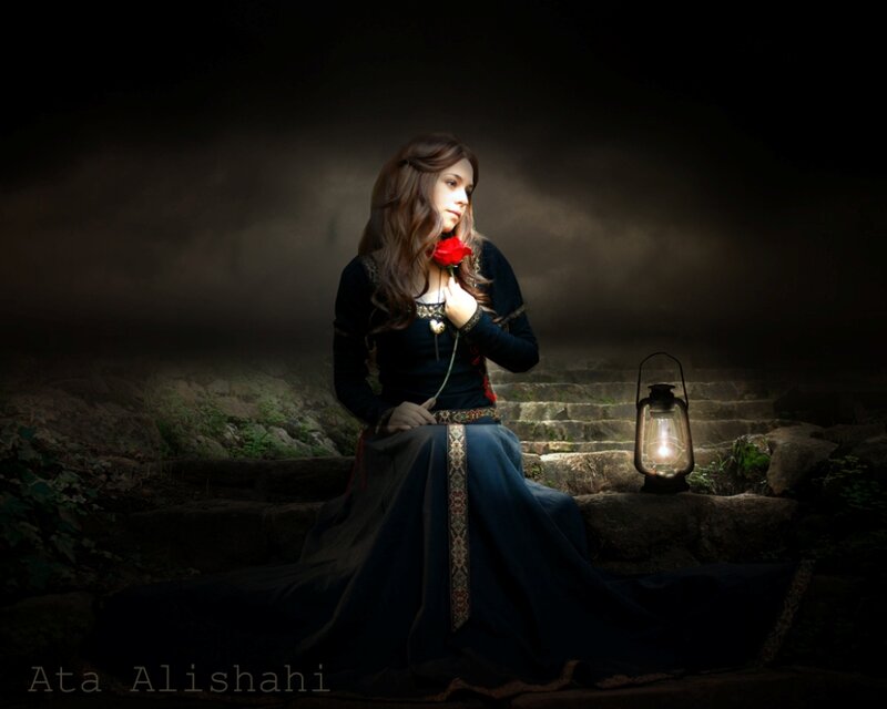 Woman Holding Red Rose — Black, Dramatic, Night, Digital Art