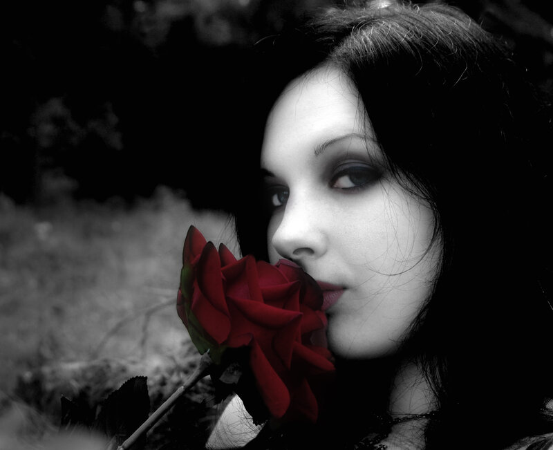 Woman Holding Red Rose — Black, Dramatic, Photograph, Dark Hair