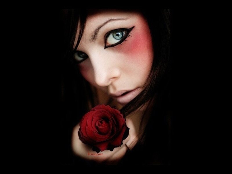 Woman Holding Red Rose — Black, Dramatic, Photograph, Makeup