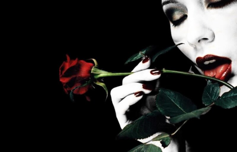 Woman Holding Red Rose — Black, Dramatic, Photograph, Red Lipstick