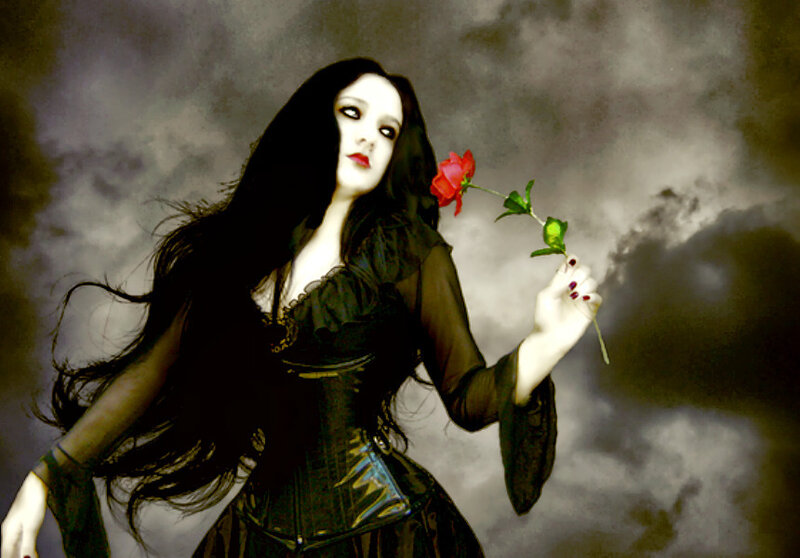 Woman Holding Red Rose — Black, Dramatic, Photograph
