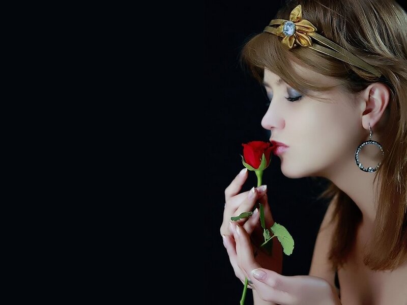 Woman Holding Red Rose — Black, Dramatic