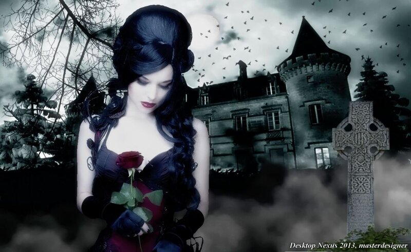 Woman Holding Red Rose — Black, Gothic, Night