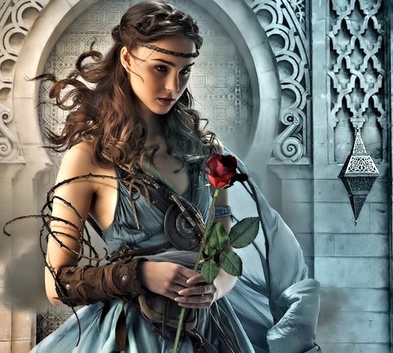 Woman Holding Red Rose — Blue, Dramatic, Digital Art