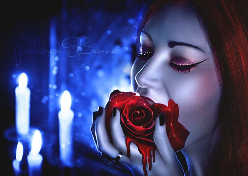 Woman Holding Red Rose — Blue, Dramatic, Night