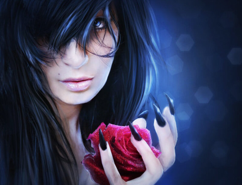 Woman Holding Red Rose — Blue, Dramatic
