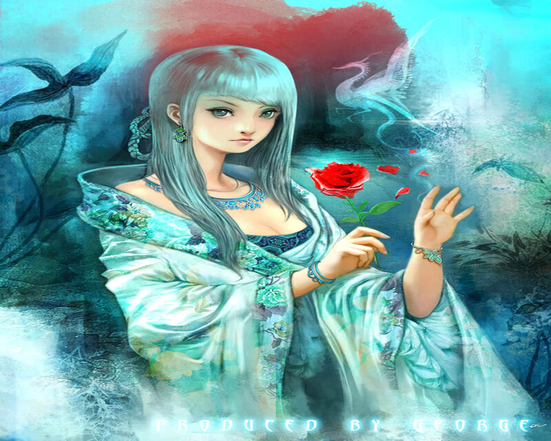 Woman Holding Red Rose — Blue, Serene