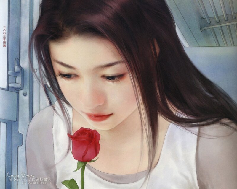 Woman Holding Red Rose — Calm, Illustration