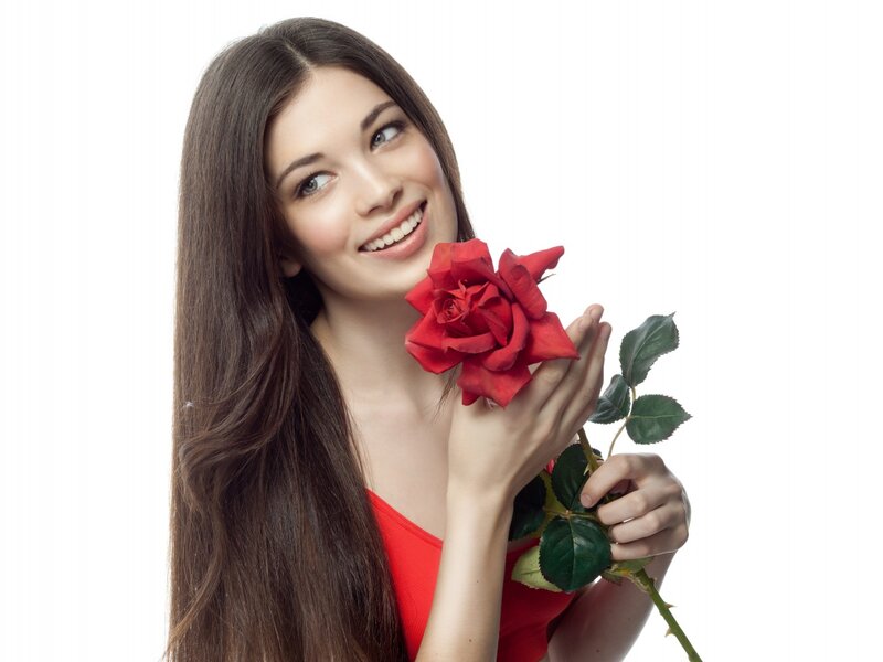 Woman Holding Red Rose — Calm, Photograph, Red Top