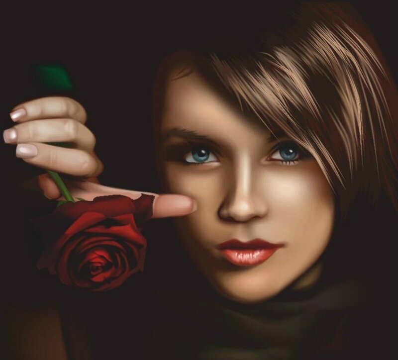 Woman Holding Red Rose — Dramatic, Digital Art, Hand