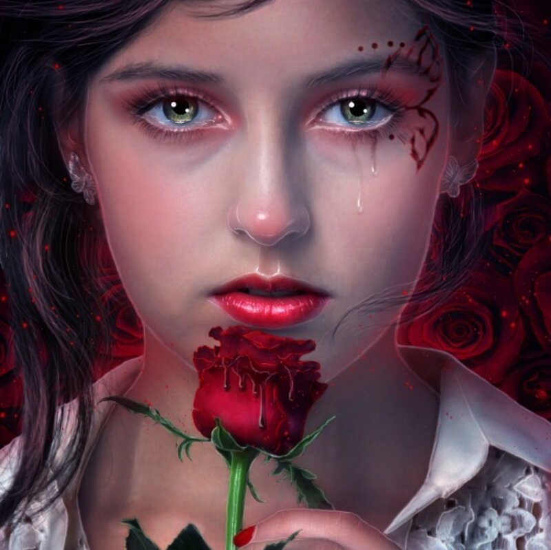 Woman Holding Red Rose — Dramatic, Digital Art, Tear