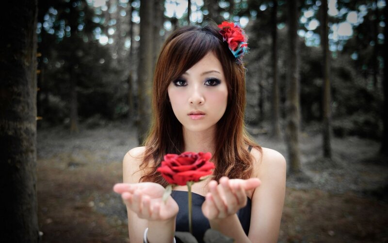 Woman Holding Red Rose — Dramatic, Photograph, Forest