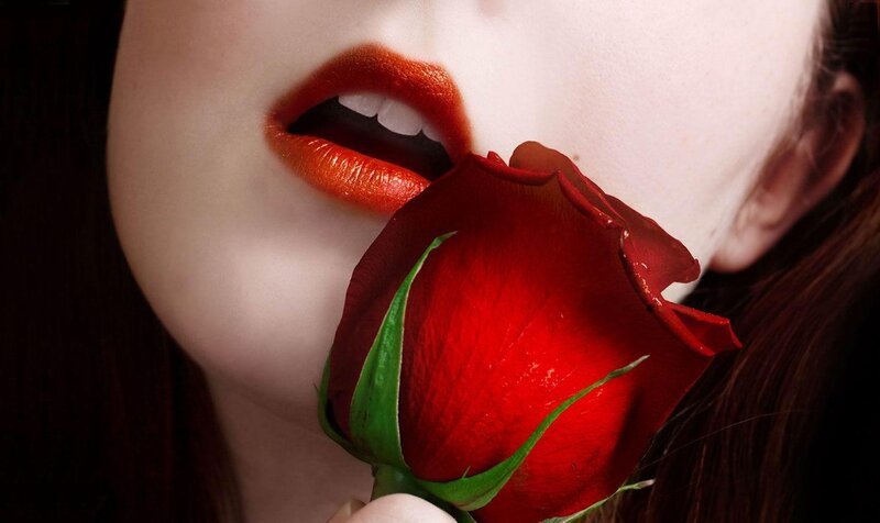 Woman Holding Red Rose — Dramatic, Photograph, Lips, Face