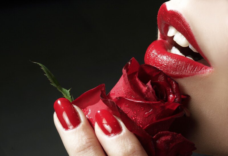 Woman Holding Red Rose — Dramatic, Photograph, Lips, Nails
